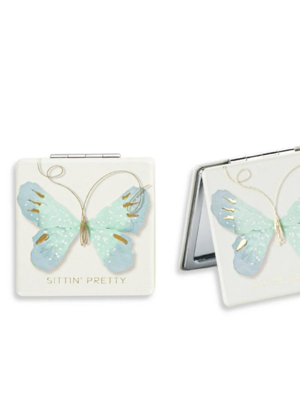 Bundle of 2 Butterfly Compact Mirrors - Yellow & Mint with Gold Detailing